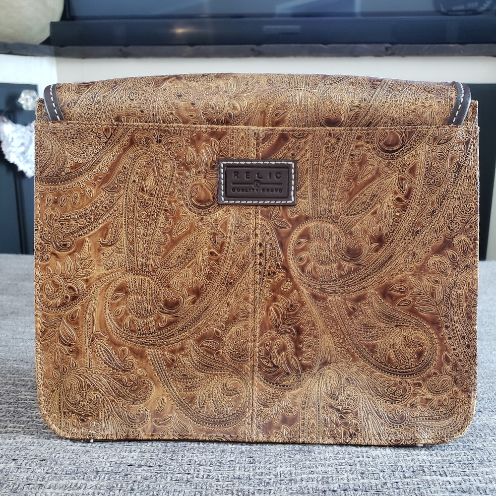 Relic Tan and Brown Etched Leather Crossbody